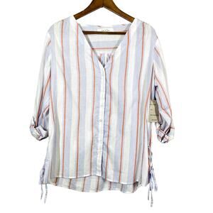 NEW! Eden & Olivia Button Up Long Sleeve Shirt Casual Stripe V NEck - L